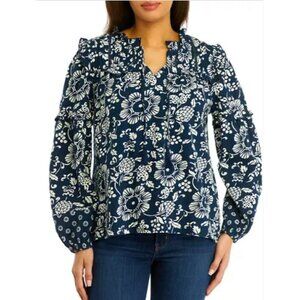 NWT Women's Wonderly Navy and White Floral Ruffle Blouse Size Large